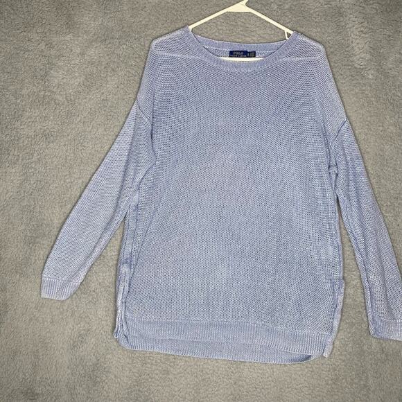 Polo Ralph Lauren womens linen knit blue sweater crewneck pullover side slit XL - Picture 1 of 7